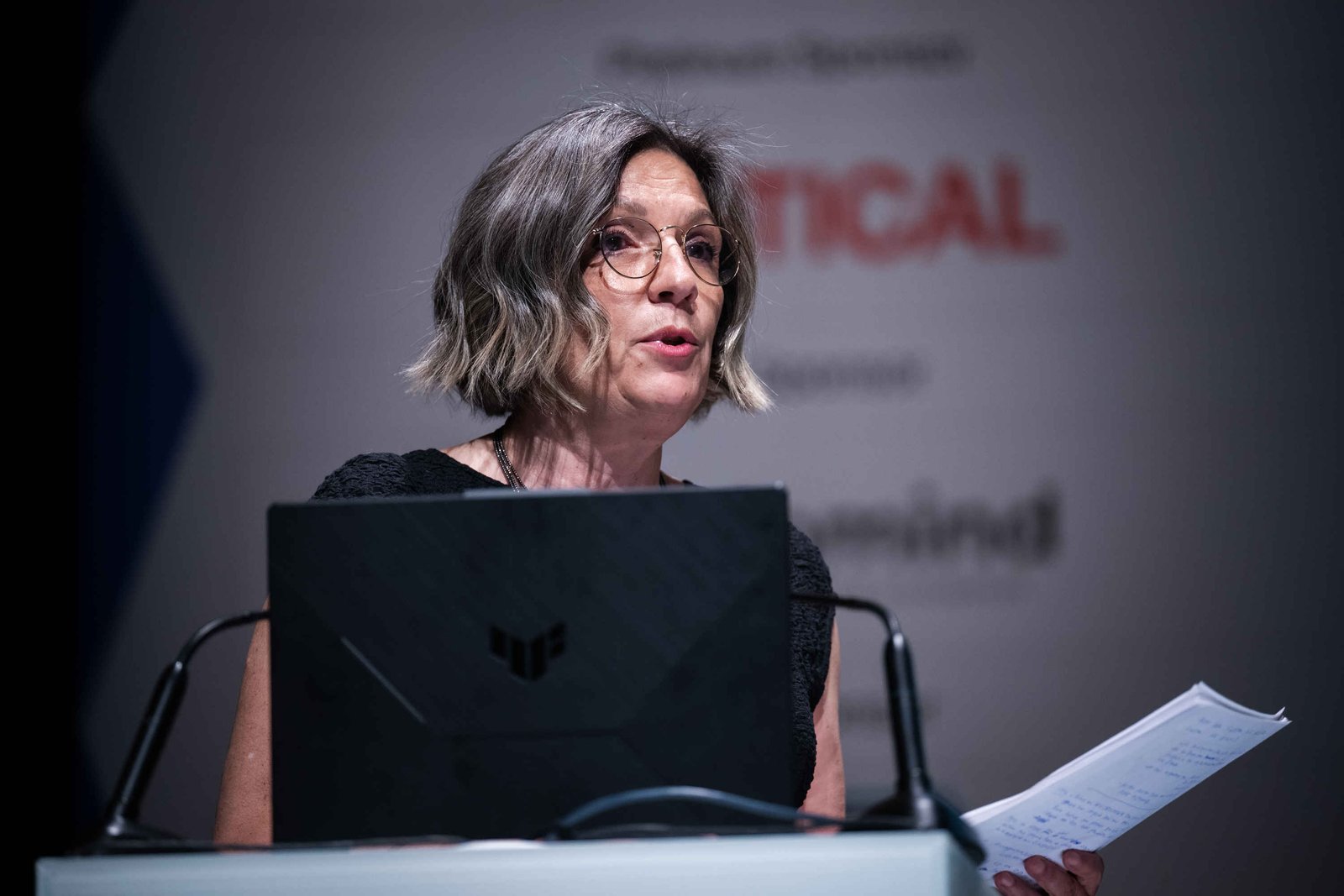 Eleni Tsigarida speaking at the lectern at ESO 2026, Megaron Athens